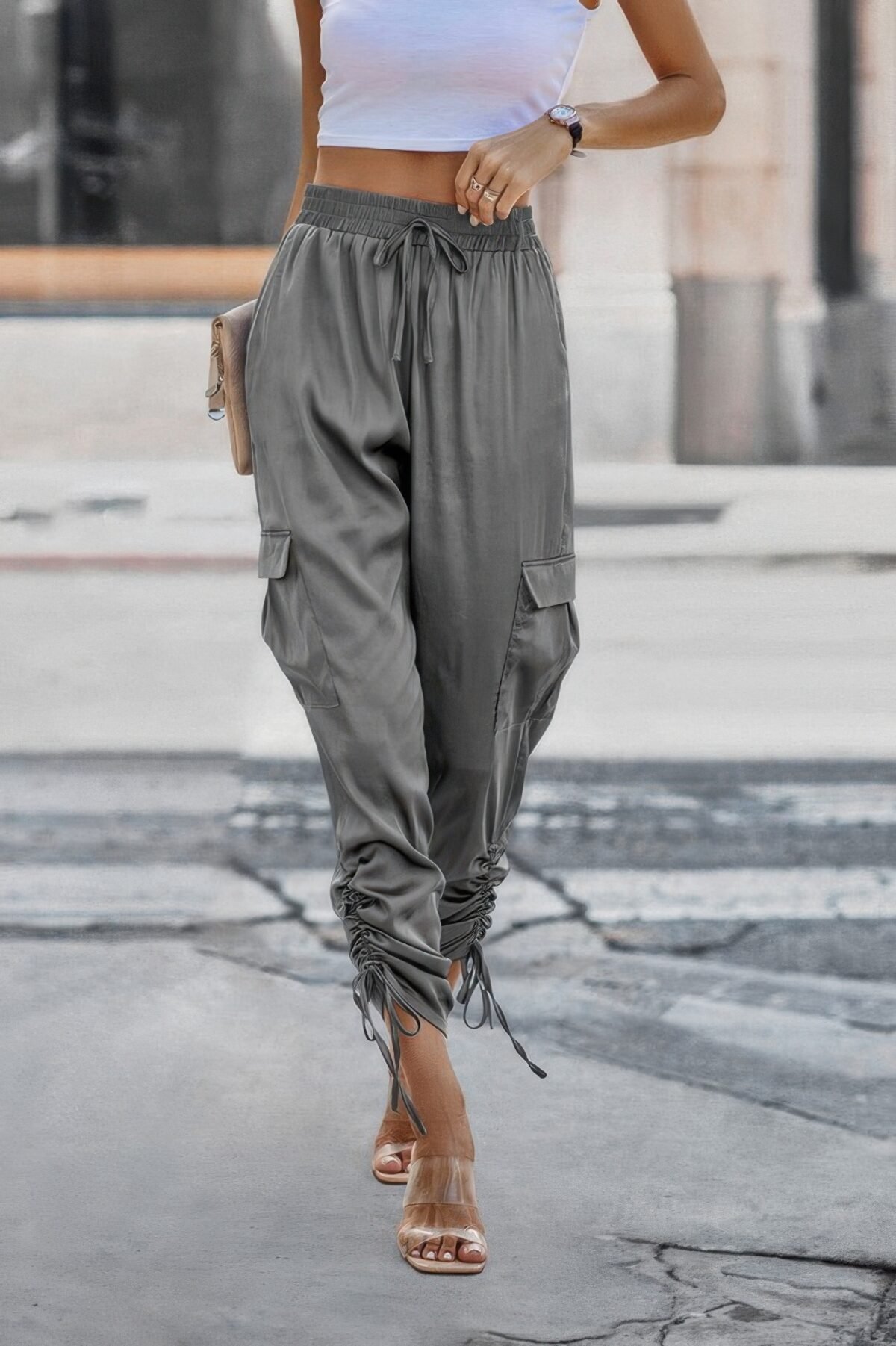 Solid Drawstring Hem Flap Pocket Side Stacked Pant - Image 1