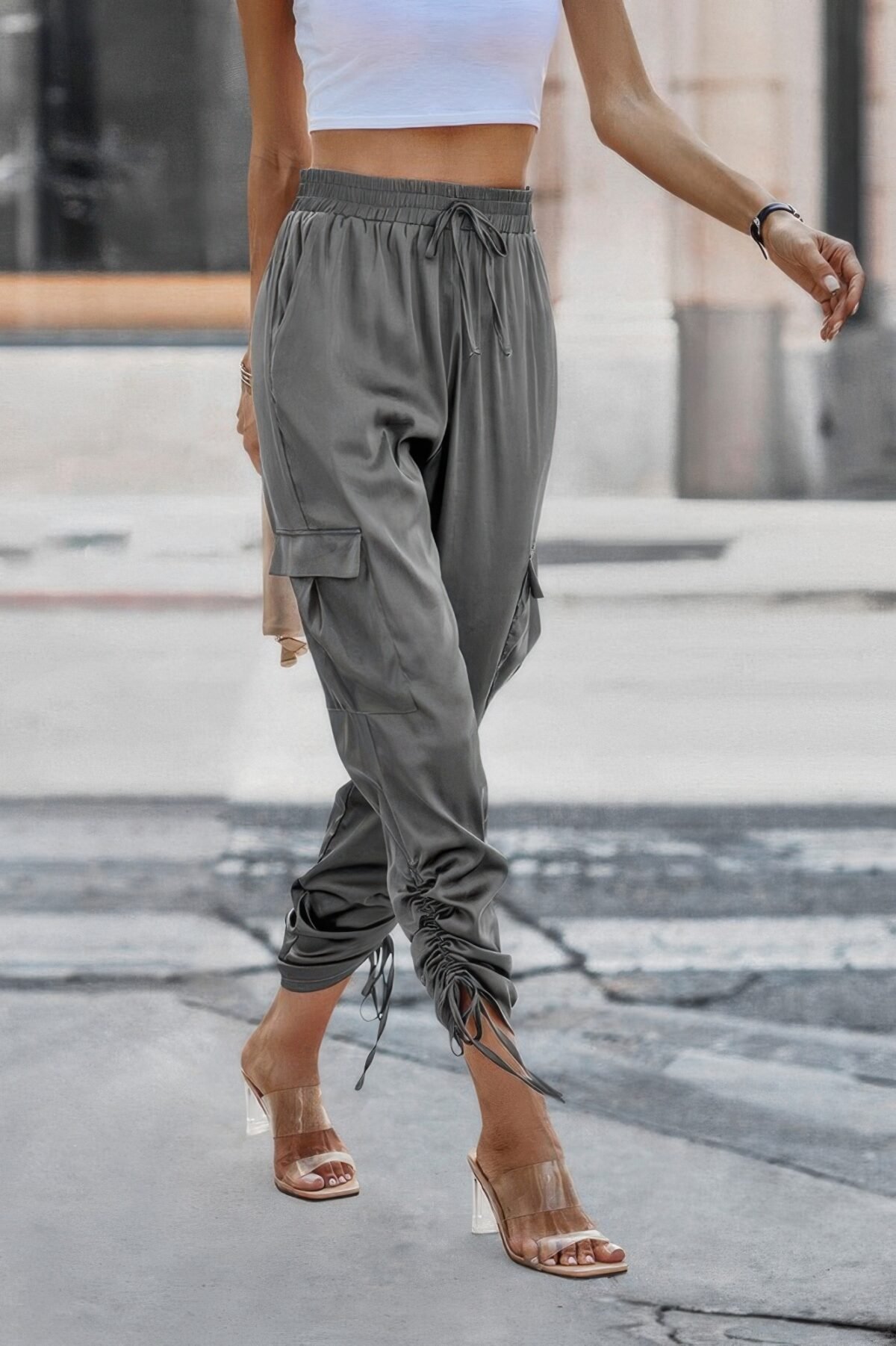 Solid Drawstring Hem Flap Pocket Side Stacked Pant - Image 2