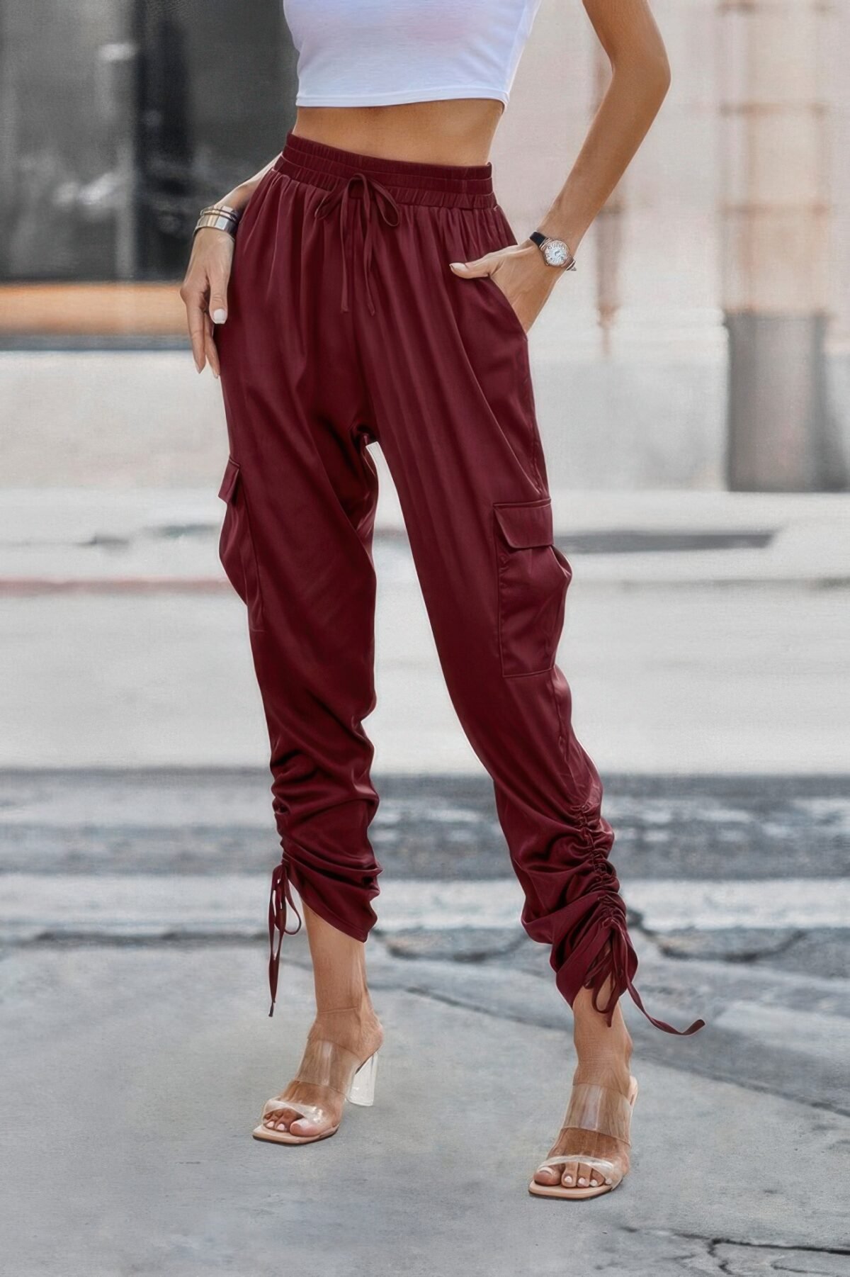 Solid Drawstring Hem Flap Pocket Side Stacked Pant - Image 3