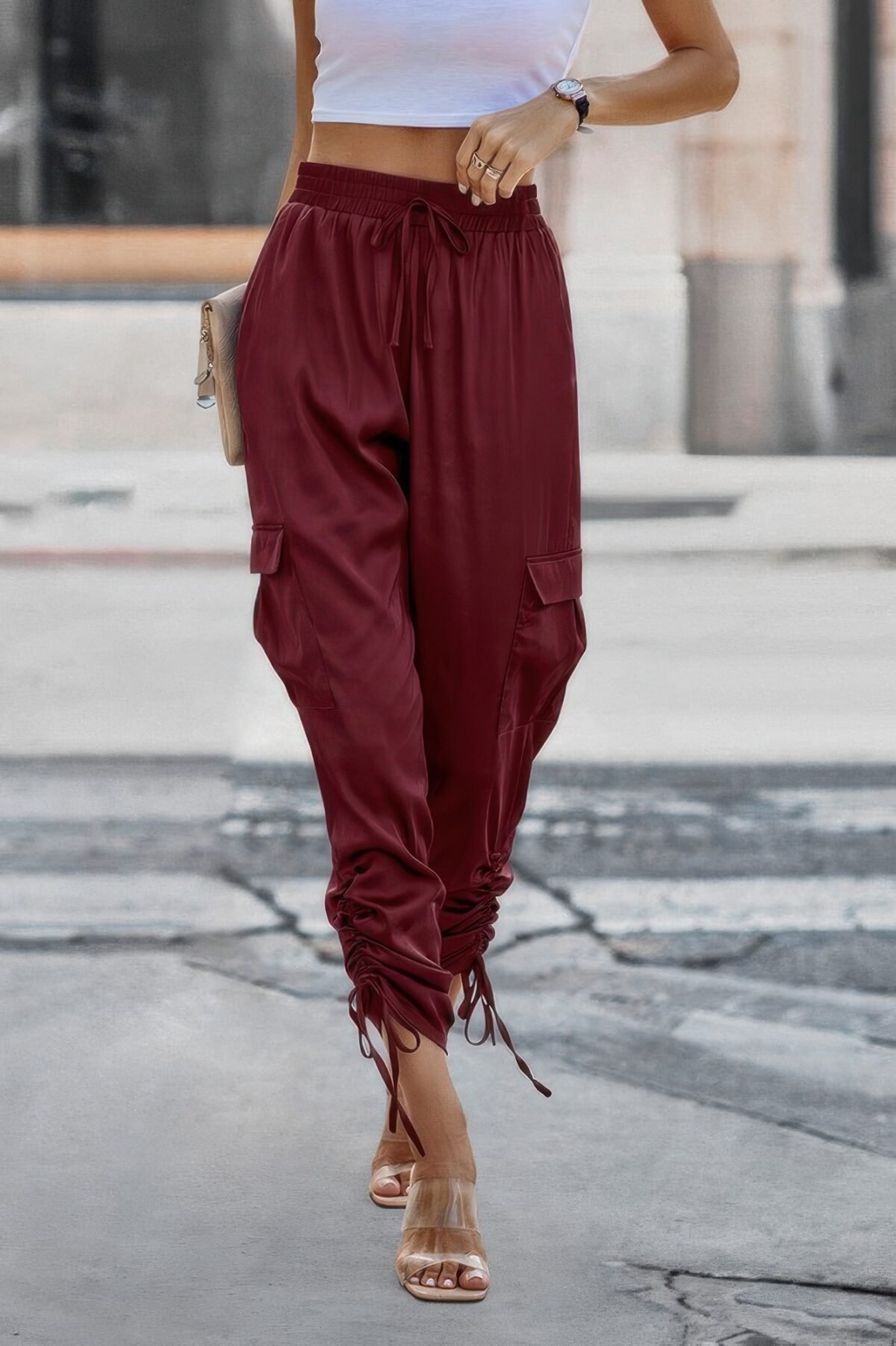 Solid Drawstring Hem Flap Pocket Side Stacked Pant - Image 4