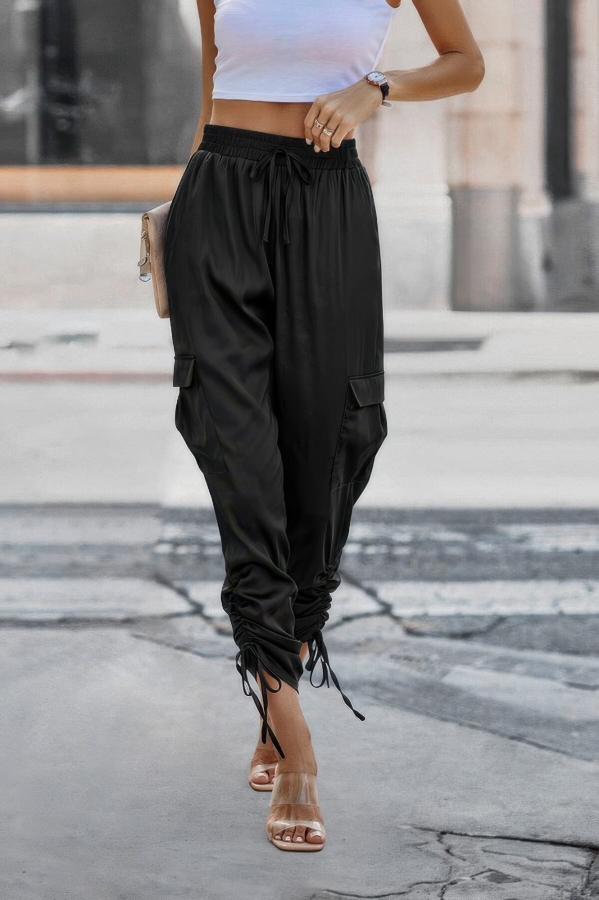 Solid Drawstring Hem Flap Pocket Side Stacked Pant - Image 6