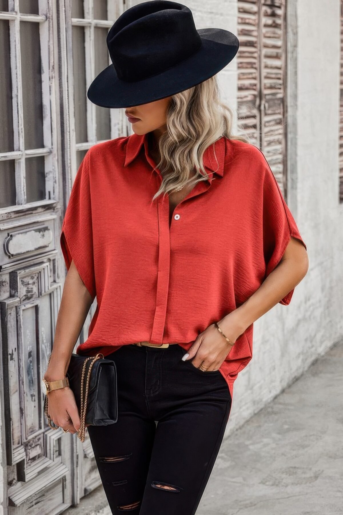 Solid Front Open Button Loose Fit Blouse - Image 2