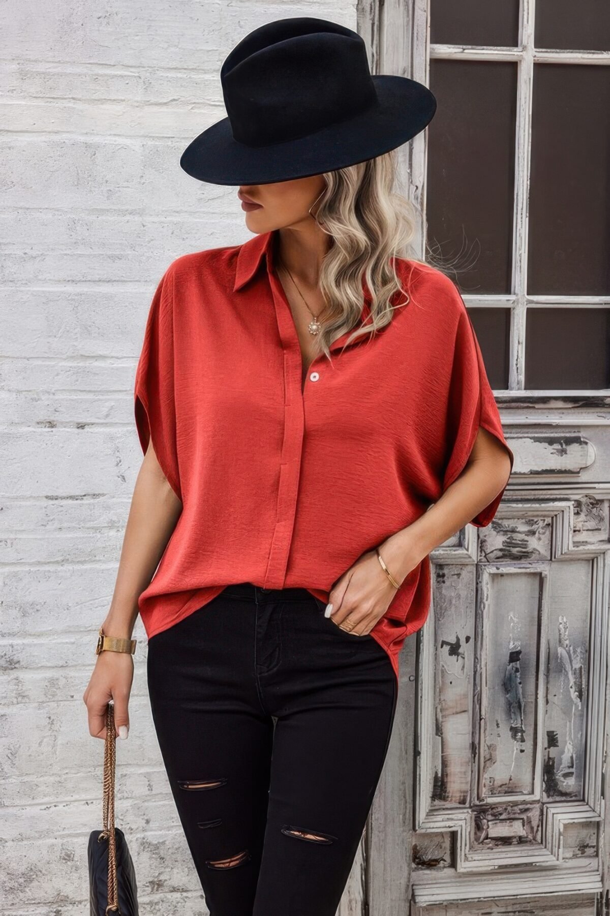 Solid Front Open Button Loose Fit Blouse - Image 3