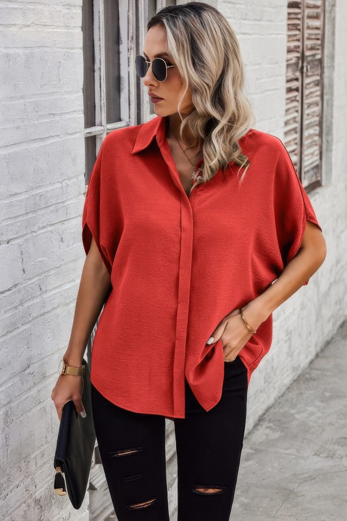 Solid Front Open Button Loose Fit Blouse - Image 4
