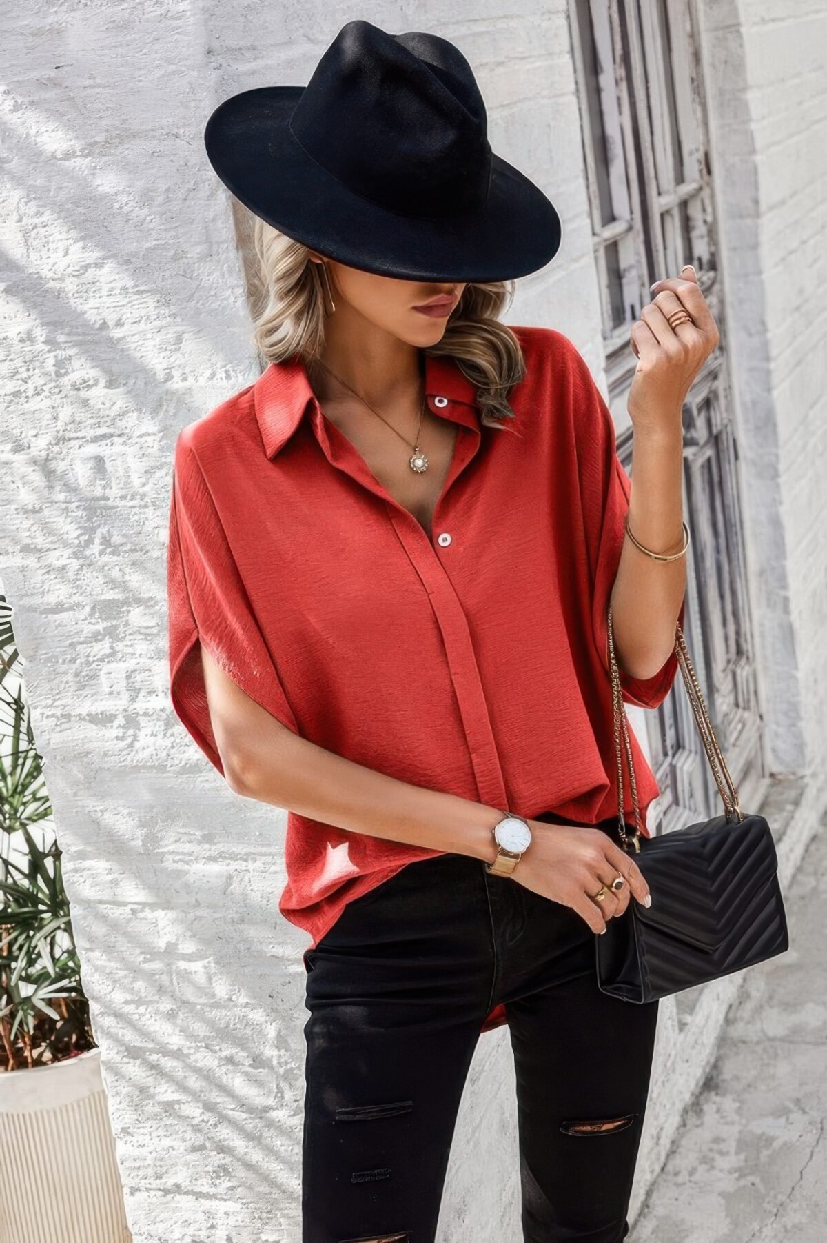 Solid Front Open Button Loose Fit Blouse - Image 5