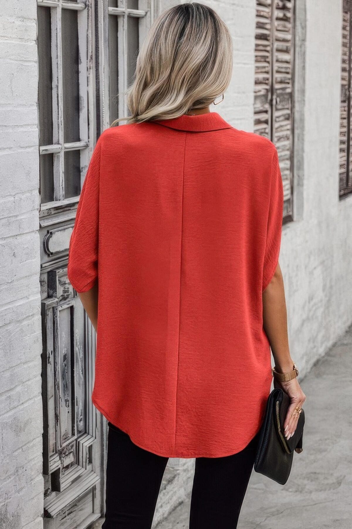 Solid Front Open Button Loose Fit Blouse - Image 6