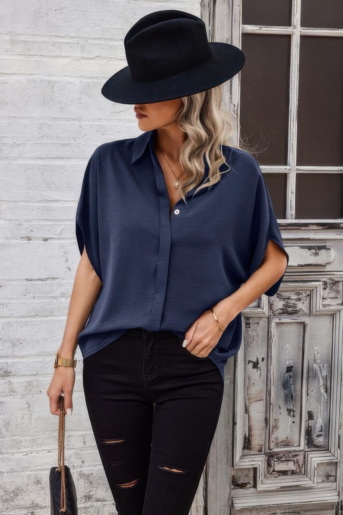 Solid Front Open Button Loose Fit Blouse - Image 10