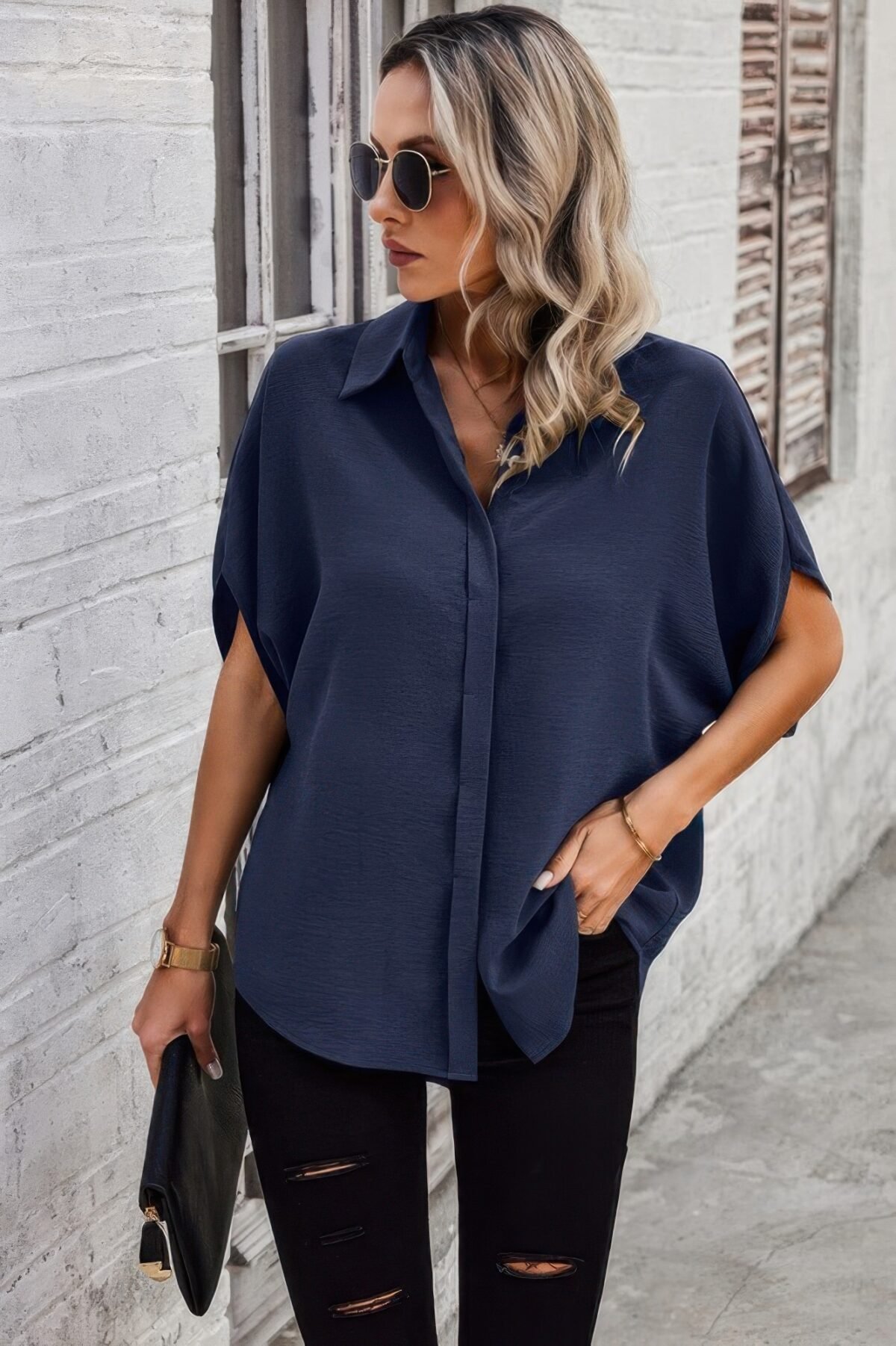 Solid Front Open Button Loose Fit Blouse - Image 11