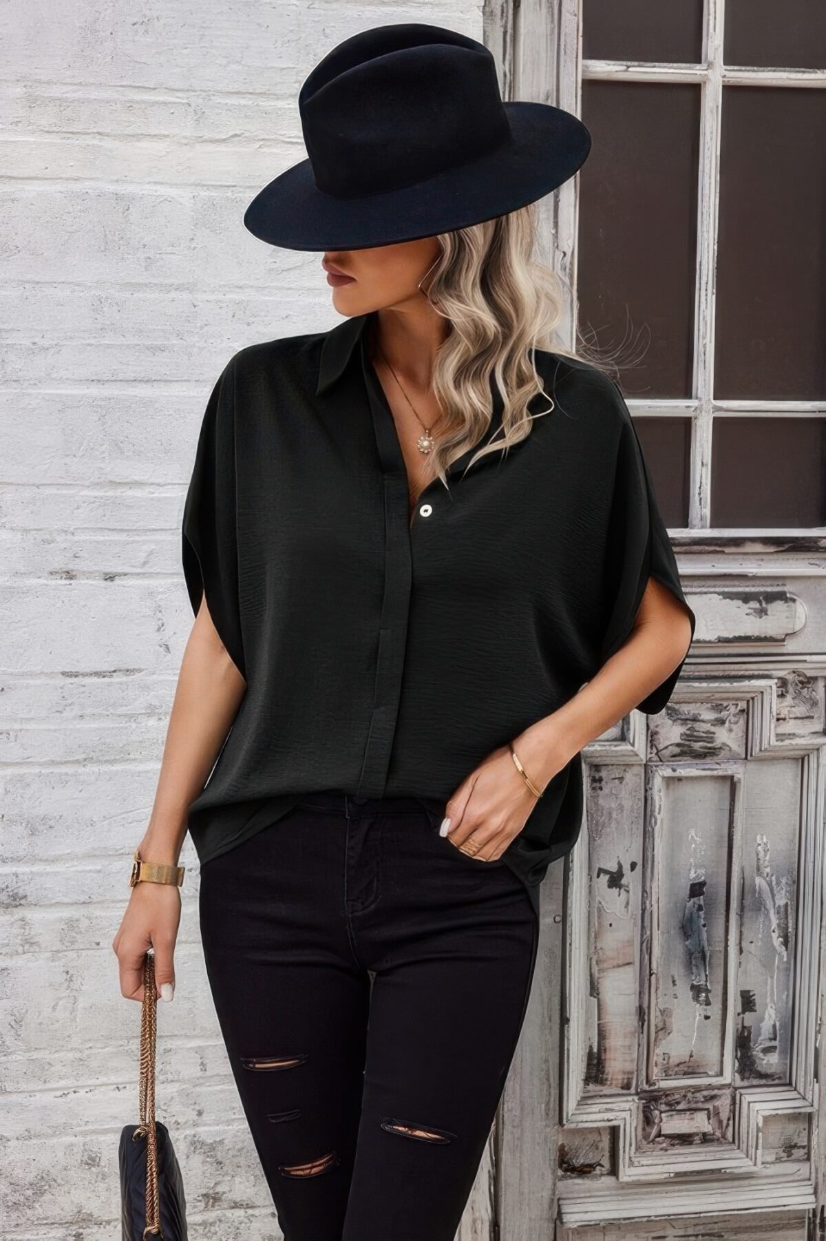 Solid Front Open Button Loose Fit Blouse - Image 14