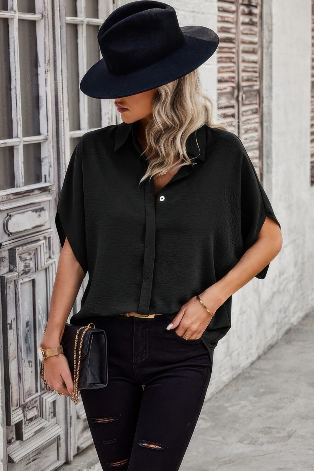 Solid Front Open Button Loose Fit Blouse - Image 15