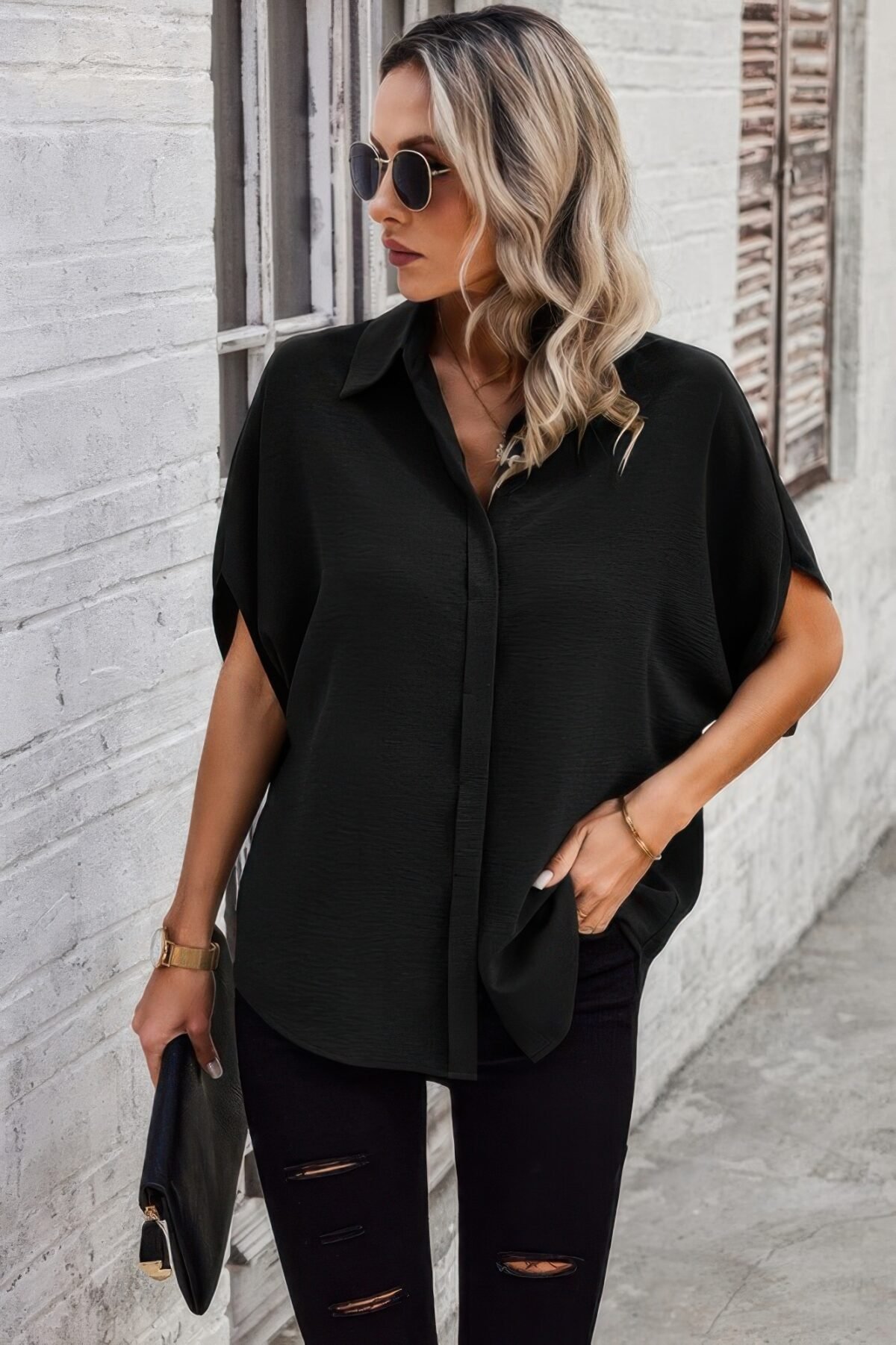Solid Front Open Button Loose Fit Blouse - Image 17