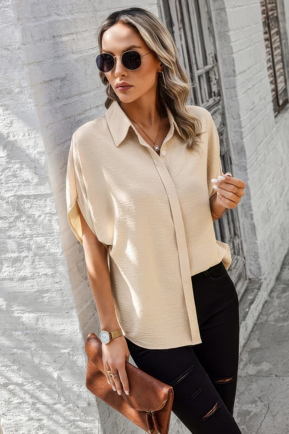 Solid Front Open Button Loose Fit Blouse - Image 22