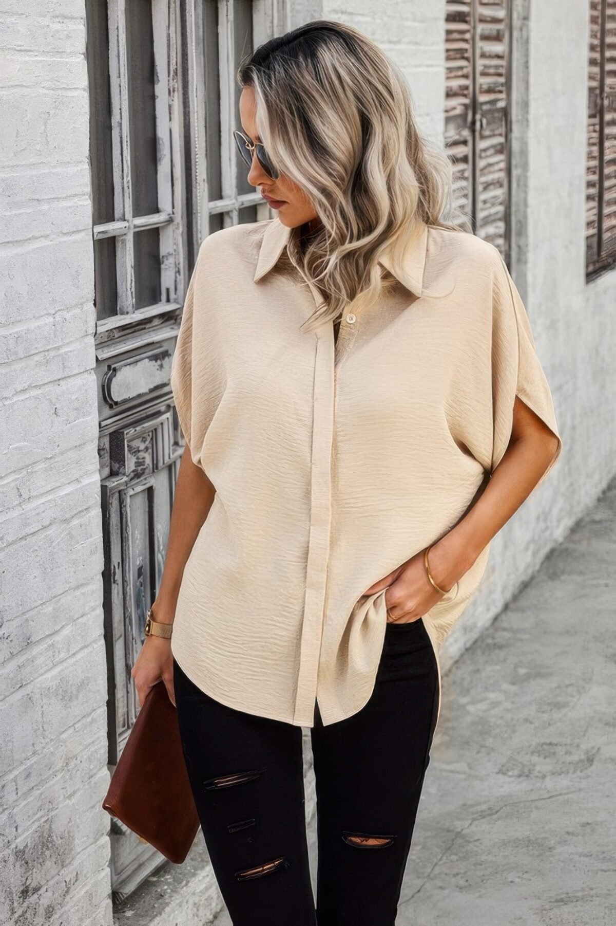 Solid Front Open Button Loose Fit Blouse - Image 23