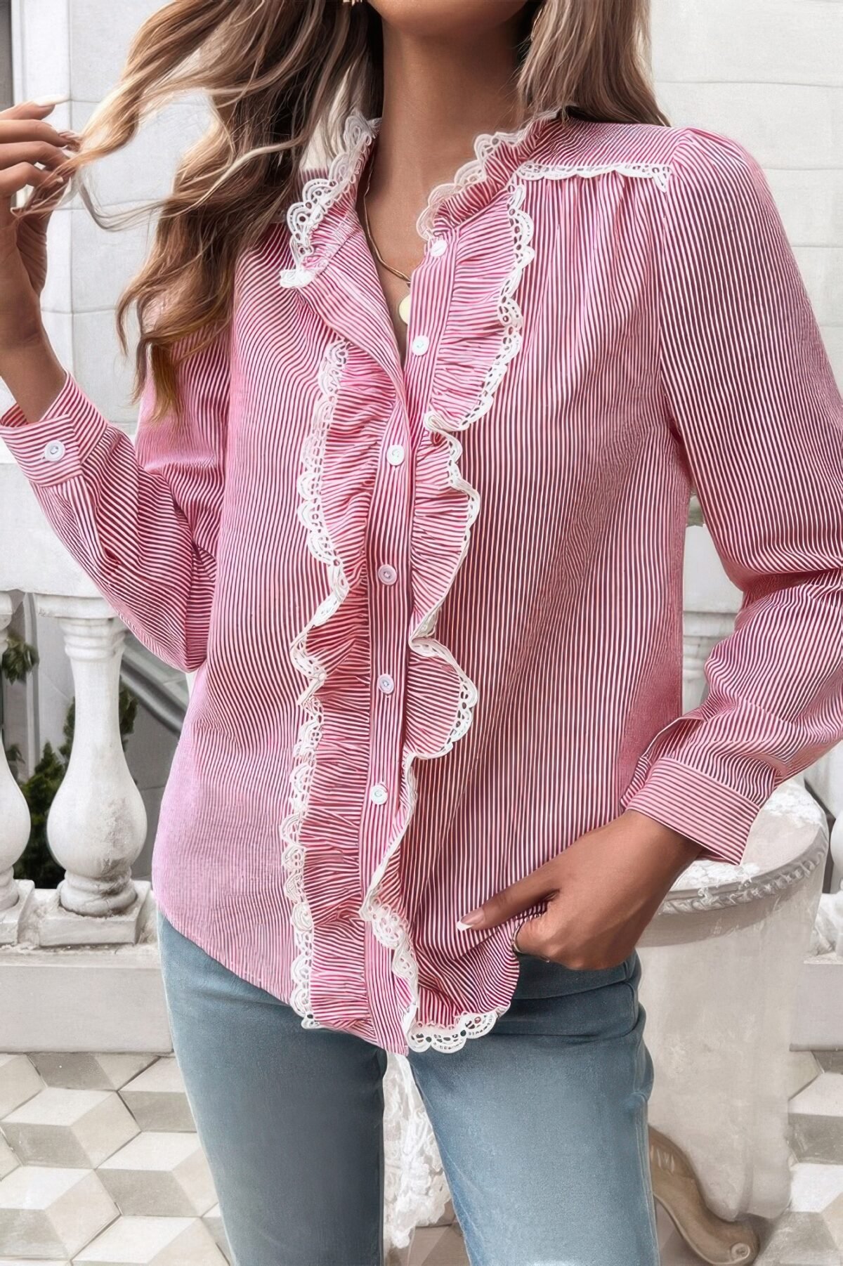Striped Lace Mock Neck Ruffle Trim Blouse - Image 4