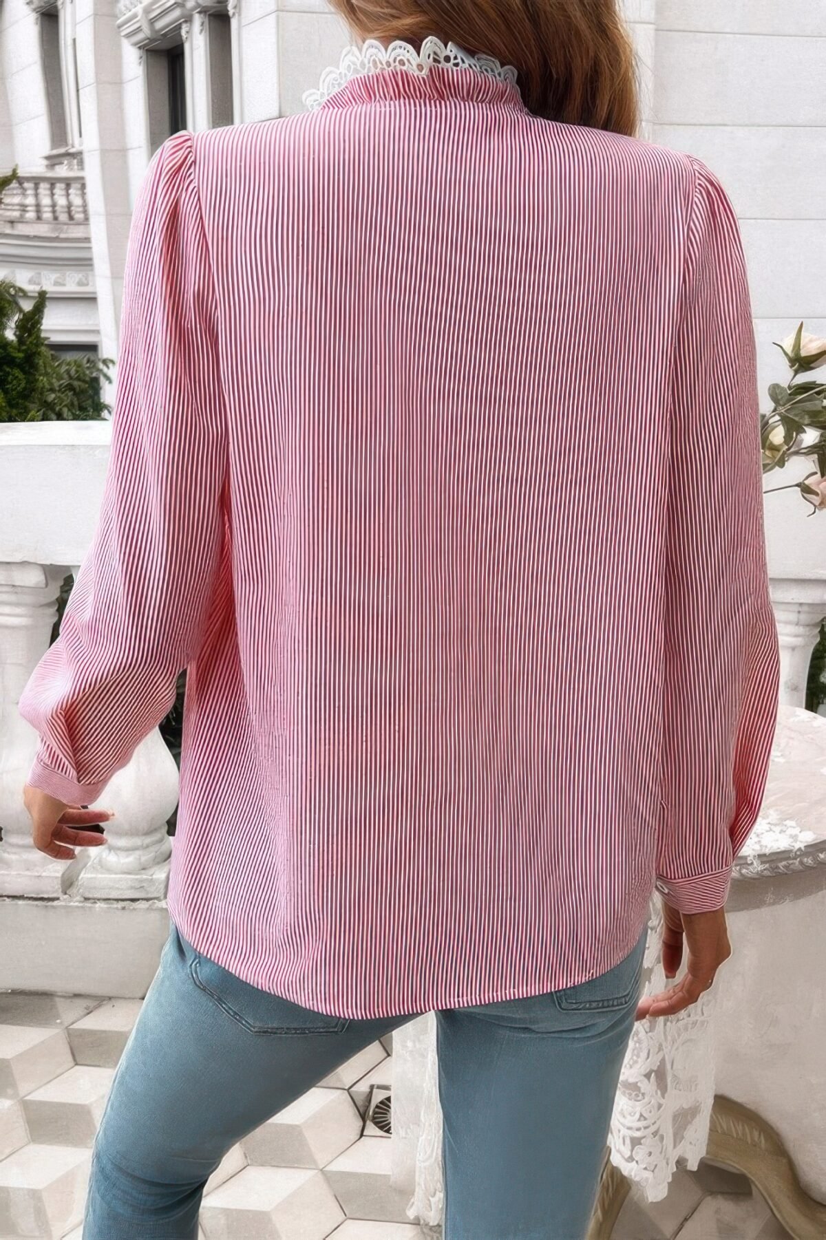 Striped Lace Mock Neck Ruffle Trim Blouse - Image 5