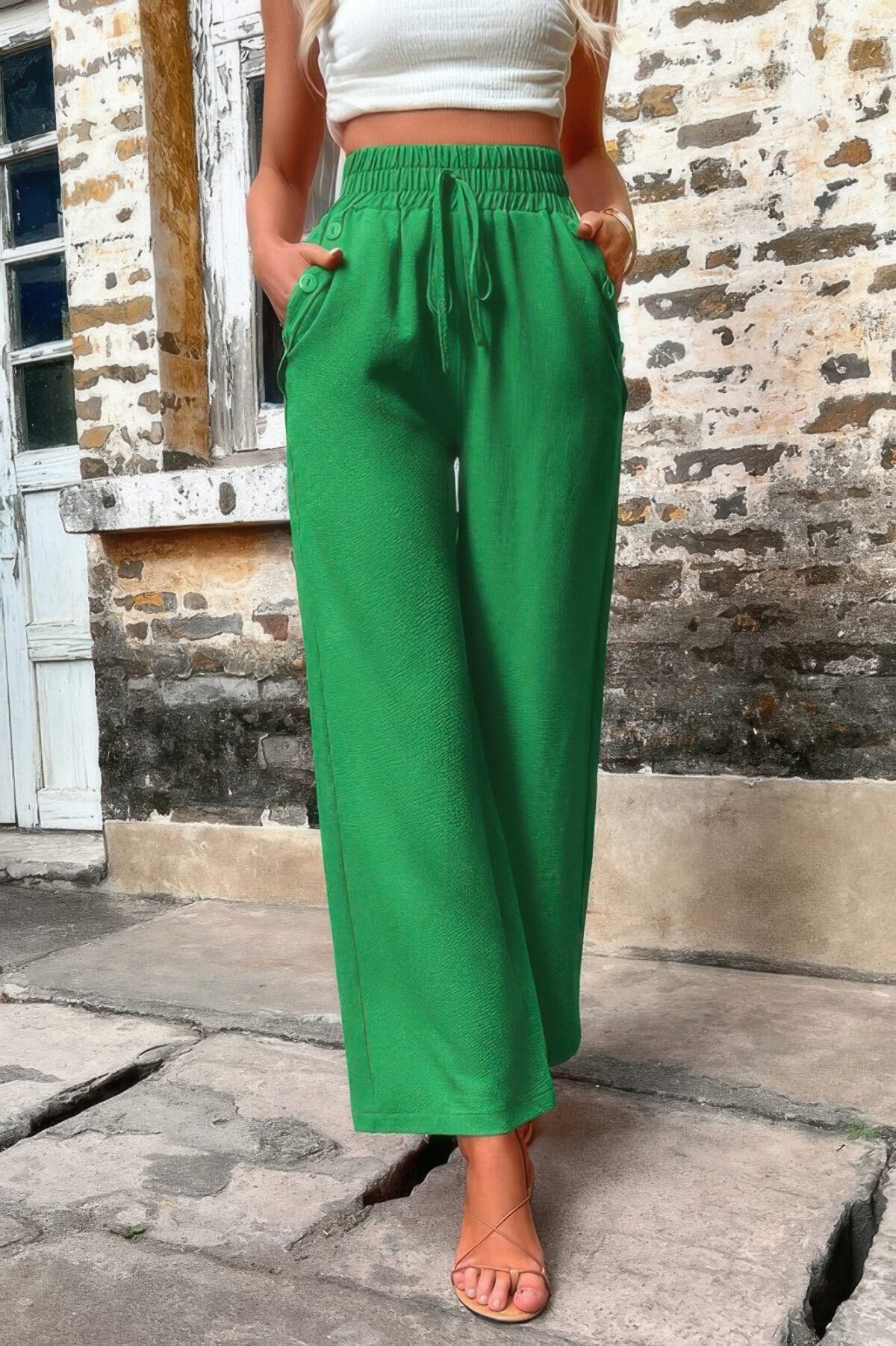 Solid Elegant Wide Leg Drawstring Waist Pockets Pant - Image 1