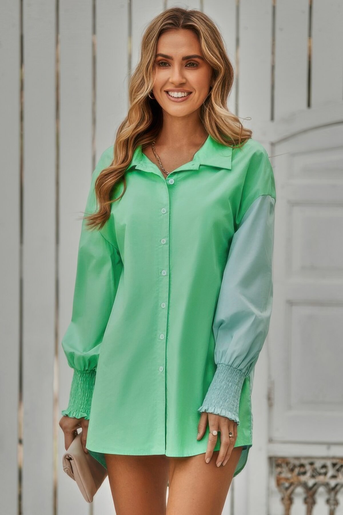 Color Block Button Down Cuffed Sleeves Blouse - Image 5