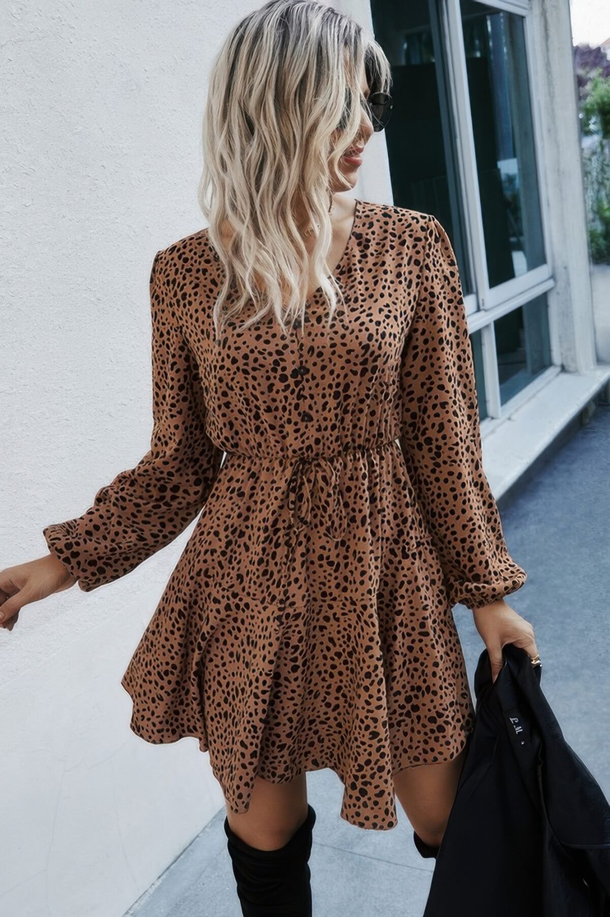 Leopard Print Waist Tie Belted Ruffle Hem Dress - Image 1
