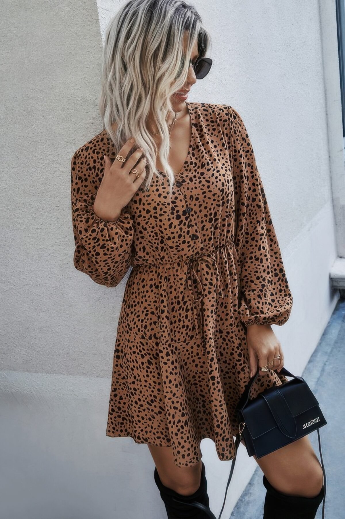 Leopard Print Waist Tie Belted Ruffle Hem Dress - Image 2