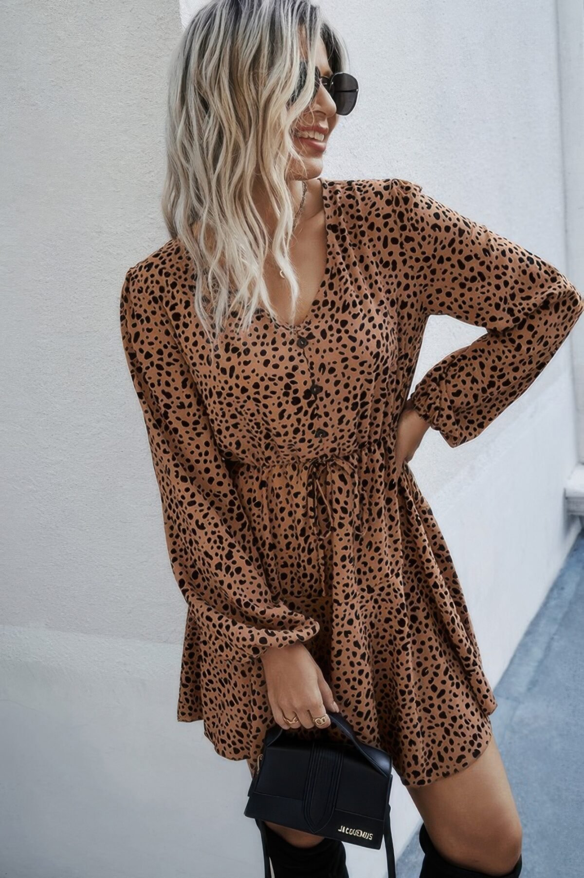 Leopard Print Waist Tie Belted Ruffle Hem Dress - Image 4