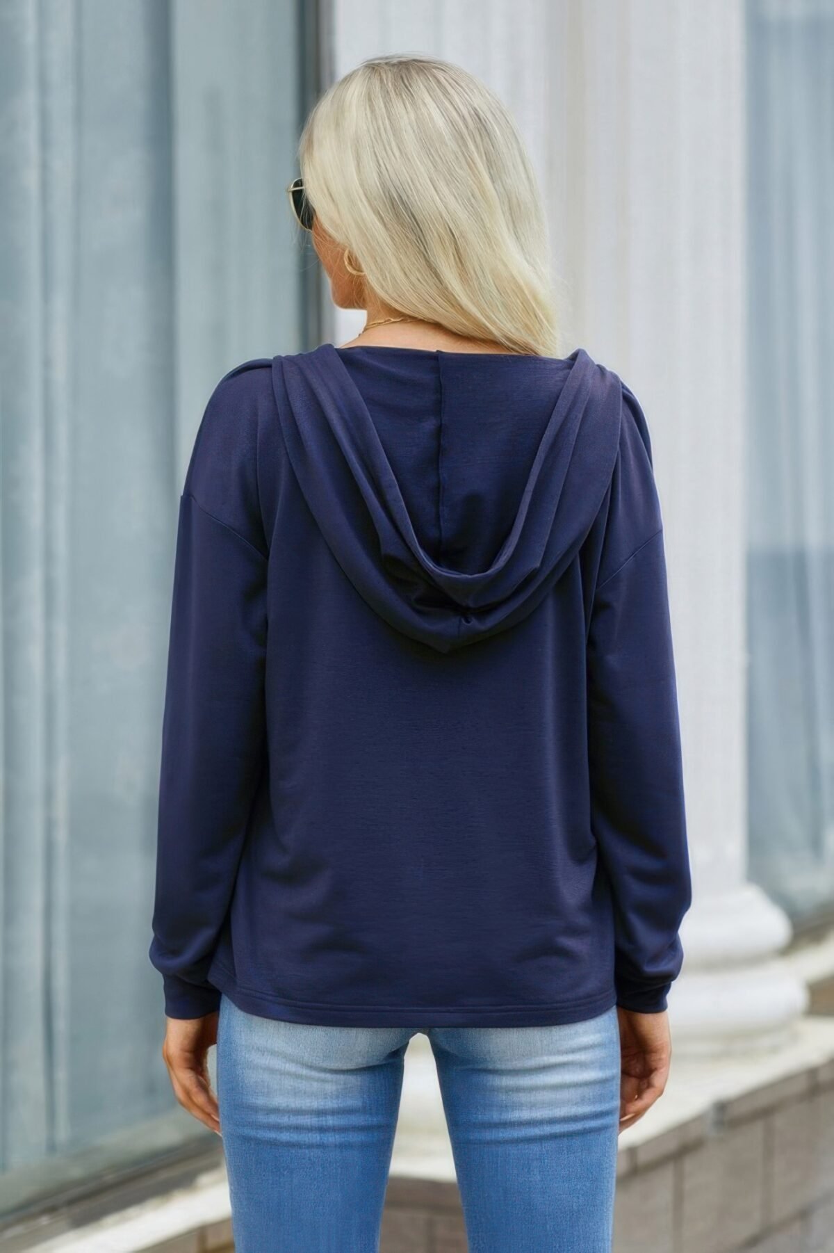 Solid Lace Trim Long Sleeve Loose Hoodie - Image 2