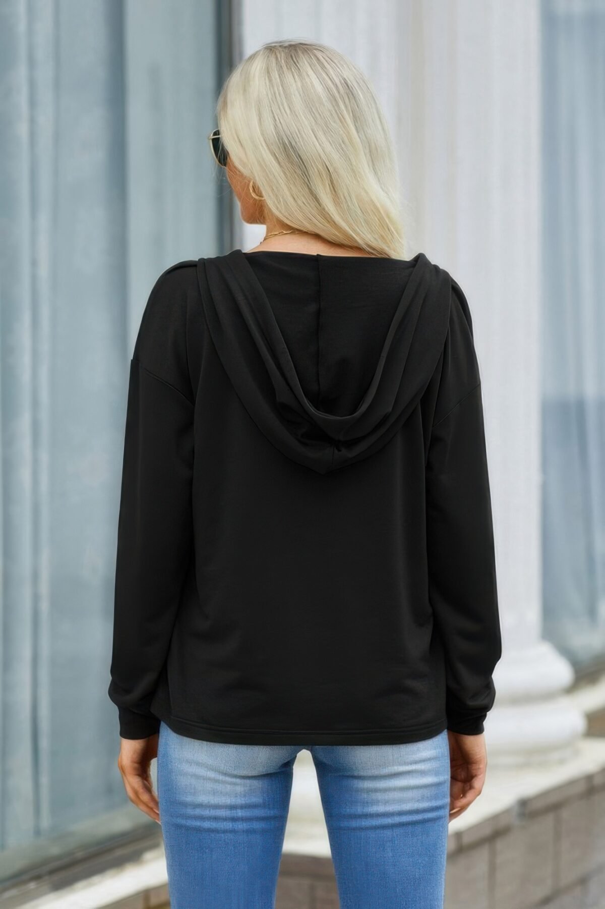 Solid Lace Trim Long Sleeve Loose Hoodie - Image 4