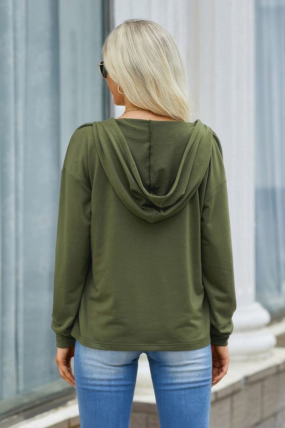 Solid Lace Trim Long Sleeve Loose Hoodie - Image 7