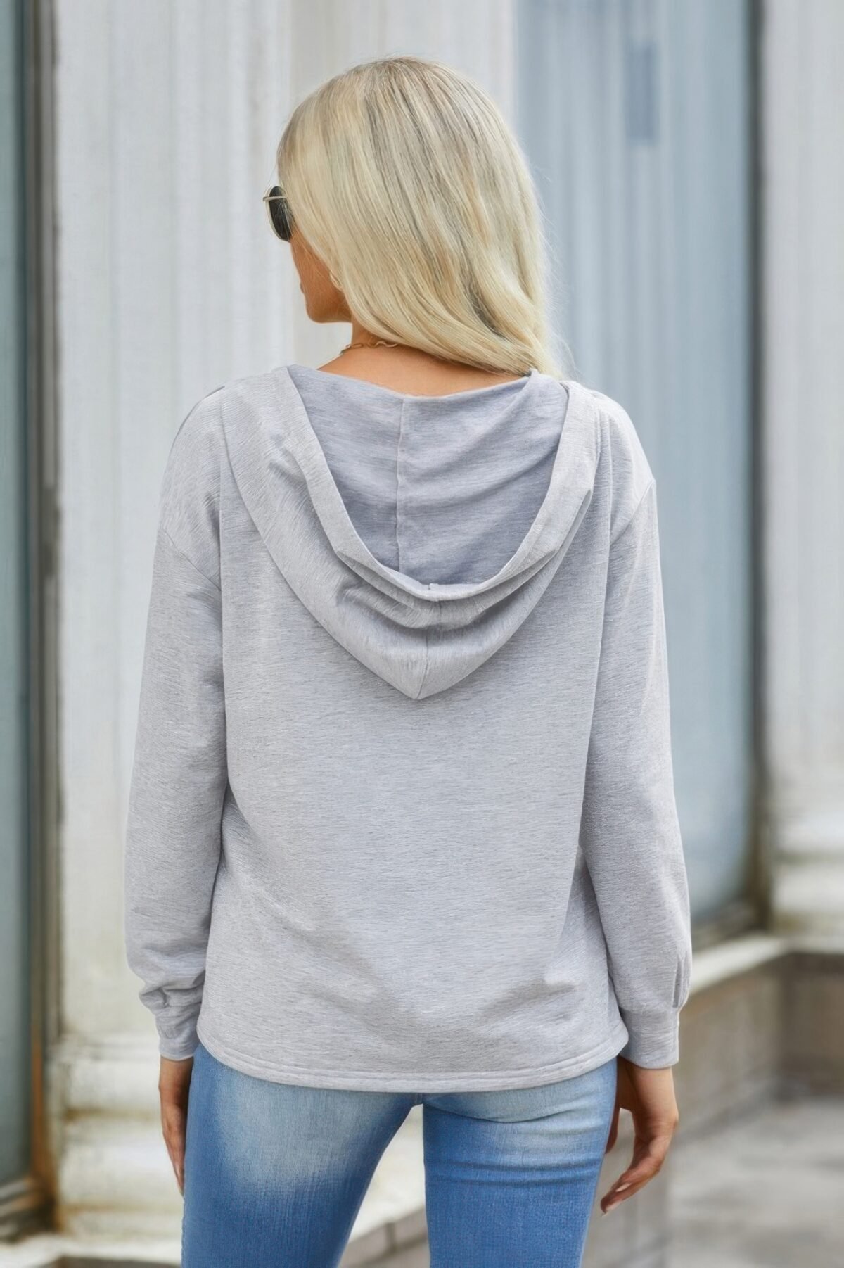 Solid Lace Trim Long Sleeve Loose Hoodie - Image 9