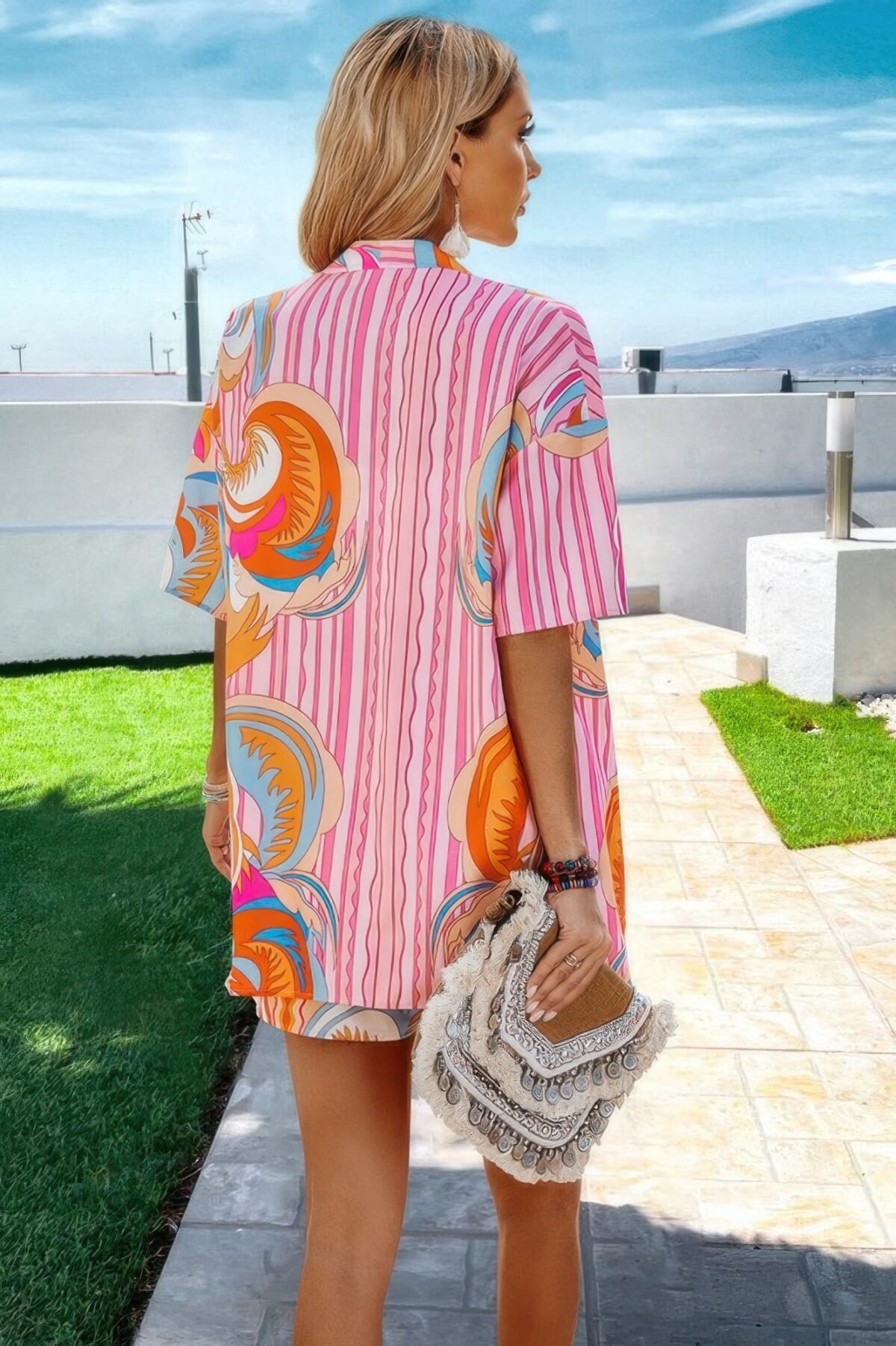 Graphic Print Drop Shoulder Blouse Tie Front Short - Image 6