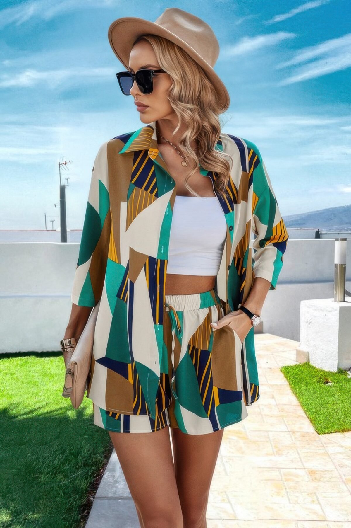Graphic Print Open Front Pockets Blouse And Short - Image 2