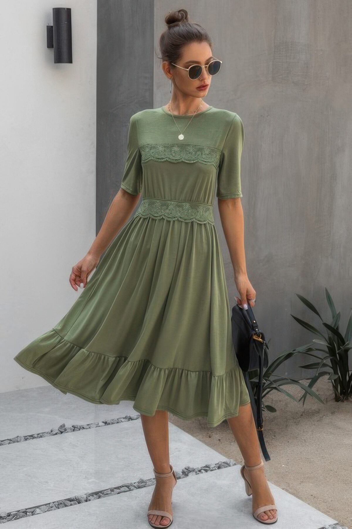 Round Neck Lace Detail Ruffle Hem Midi Dress - Image 3