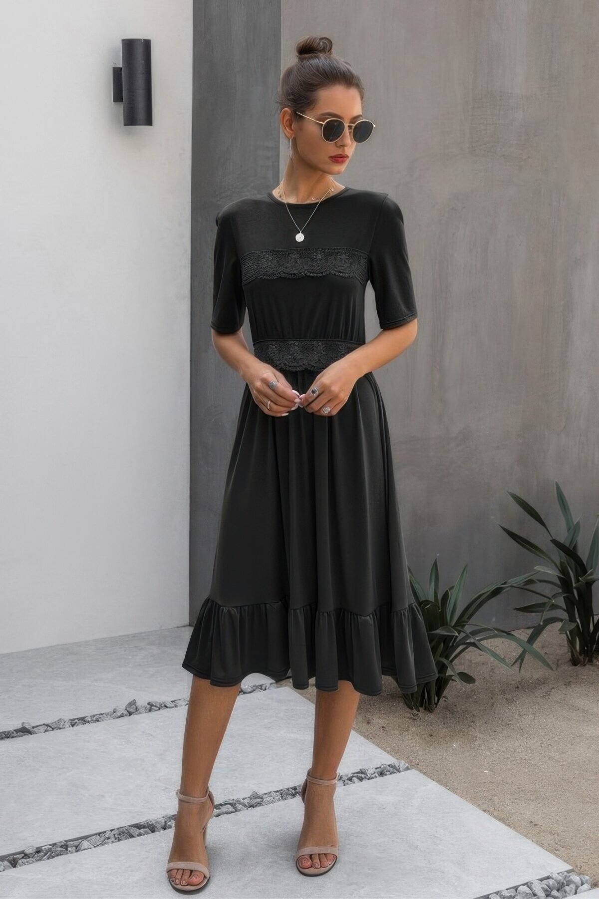Round Neck Lace Detail Ruffle Hem Midi Dress - Image 5