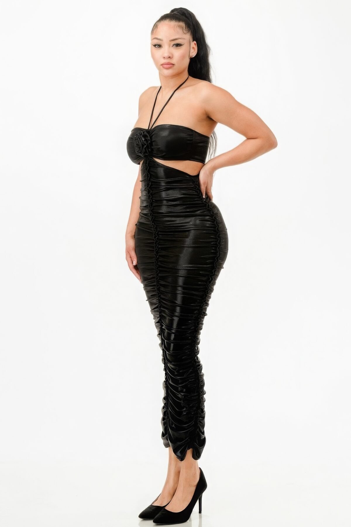 Metallic Rushed Halter Dress - Image 1