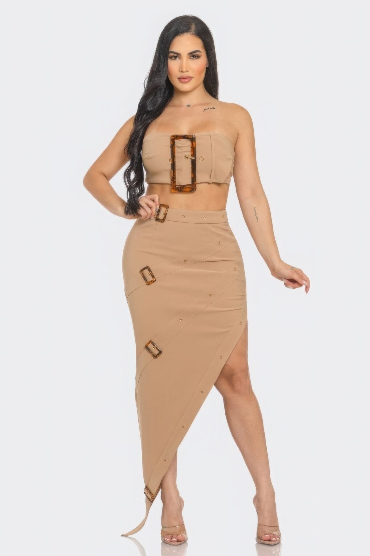Front Eyelet Buckle Belt Top And Skirt Set - Image 1