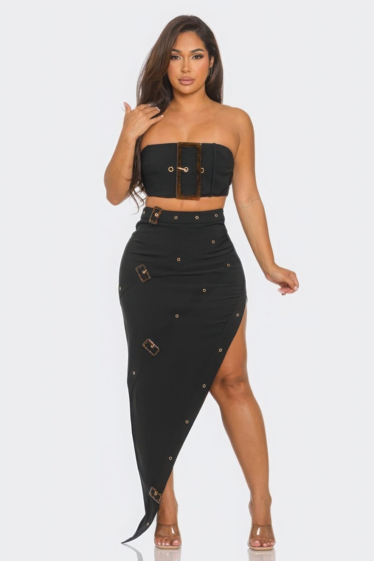 Front Eyelet Buckle Belt Top And Skirt Set - Image 1