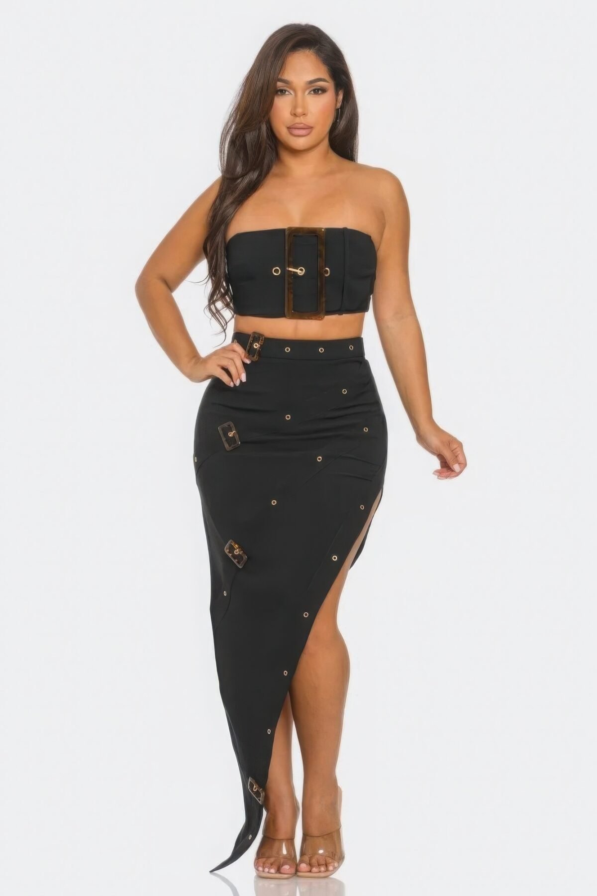 Front Eyelet Buckle Belt Top And Skirt Set - Image 2