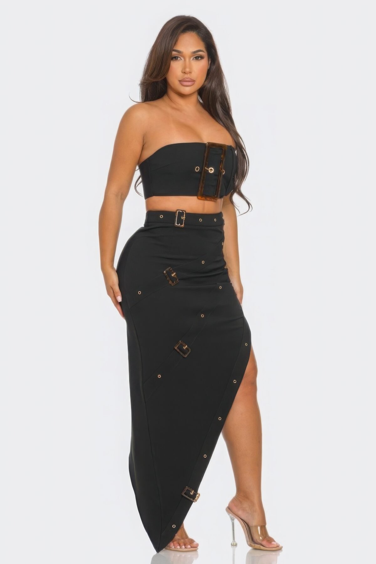 Front Eyelet Buckle Belt Top And Skirt Set - Image 3