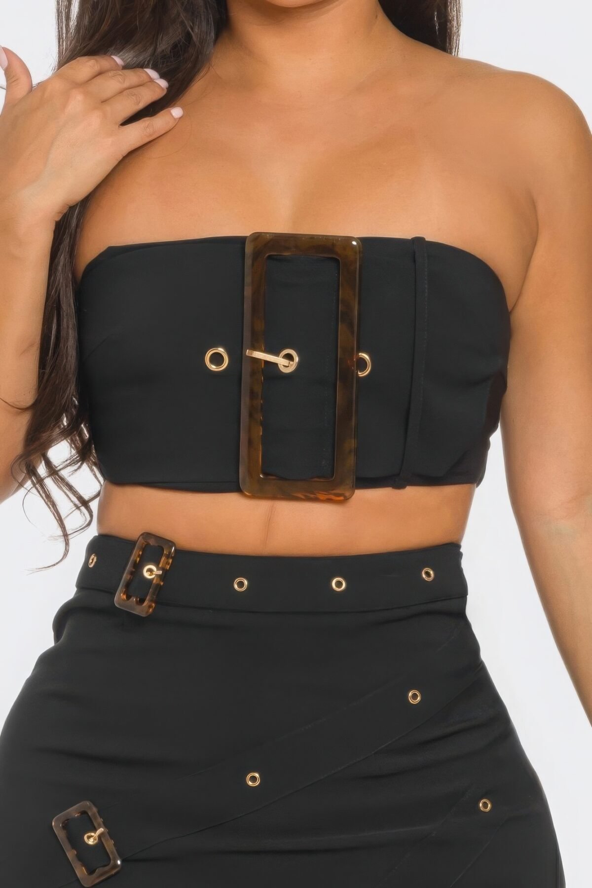 Front Eyelet Buckle Belt Top And Skirt Set - Image 4
