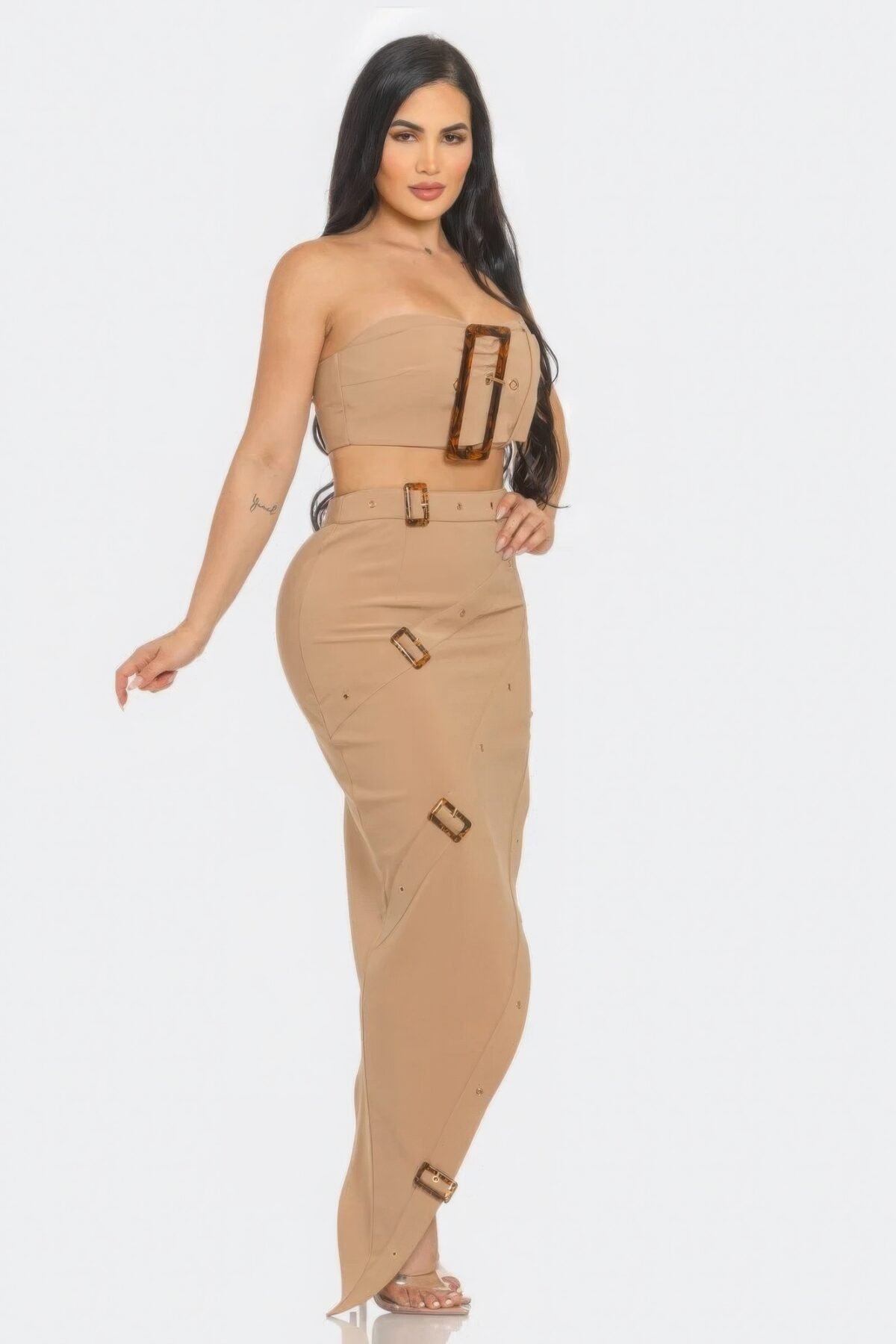 Front Eyelet Buckle Belt Top And Skirt Set - Image 2