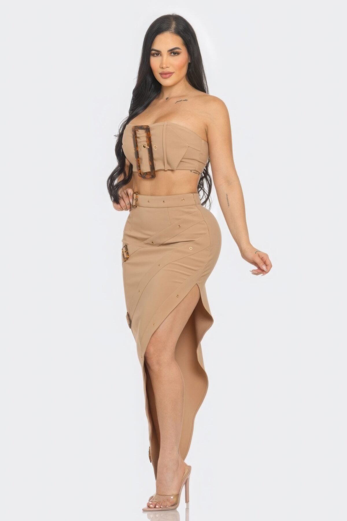 Front Eyelet Buckle Belt Top And Skirt Set - Image 3