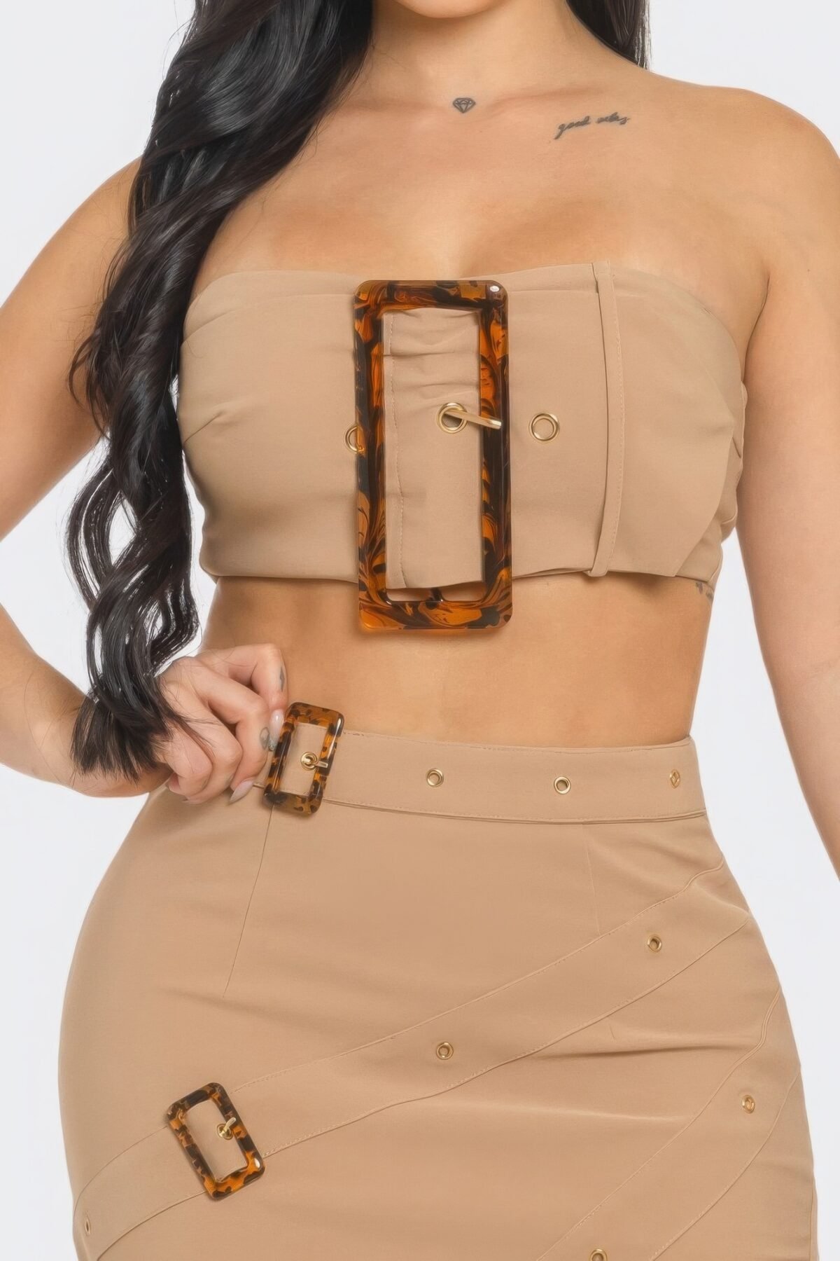 Front Eyelet Buckle Belt Top And Skirt Set - Image 4