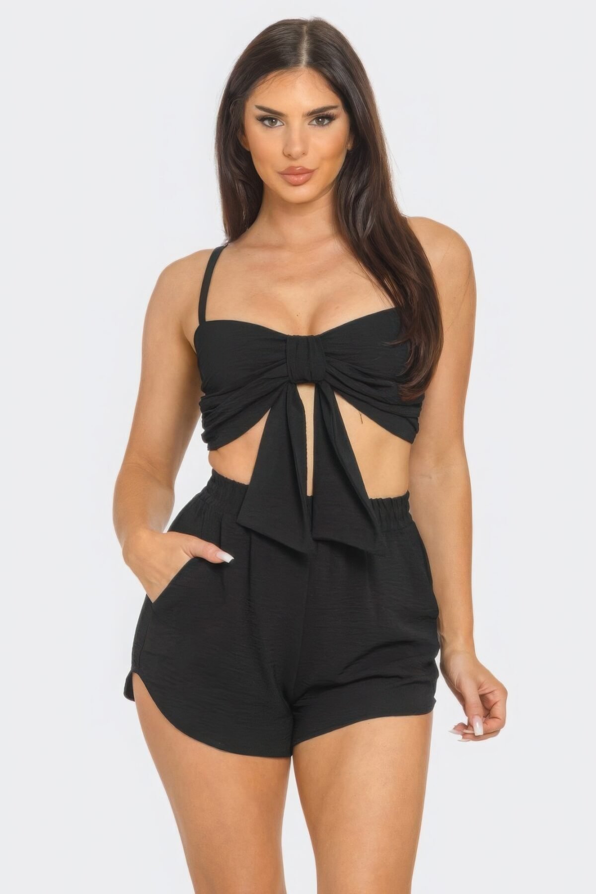 Front Oversized Bow Twisted Tie Top And Shorts Set - Image 1