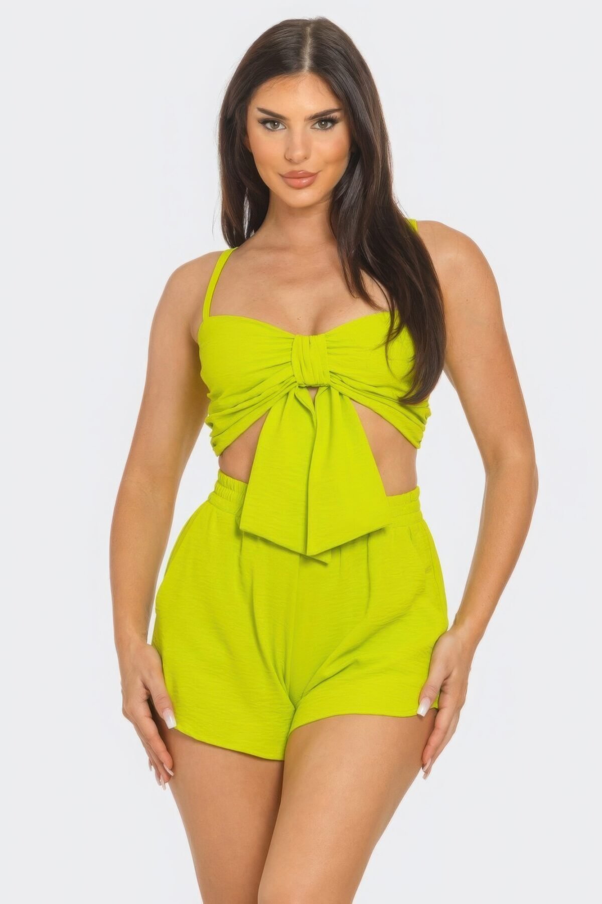 Front Oversized Bow Twisted Tie Top And Shorts Set - Image 1