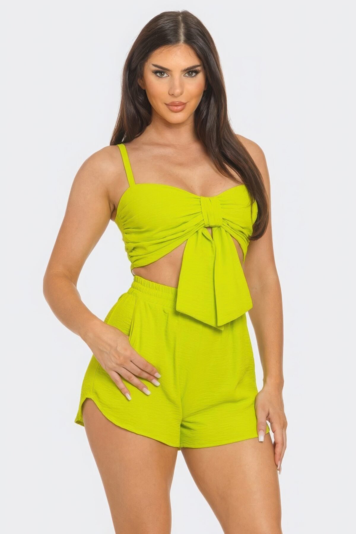 Front Oversized Bow Twisted Tie Top And Shorts Set - Image 3
