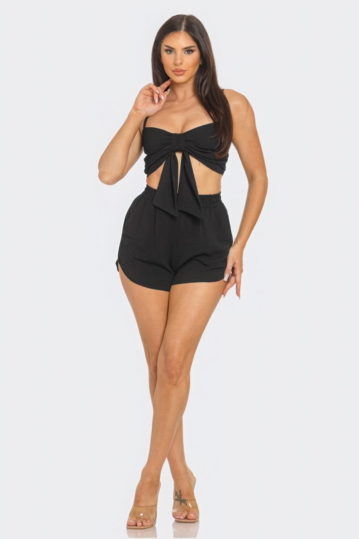 Front Oversized Bow Twisted Tie Top And Shorts Set - Image 2