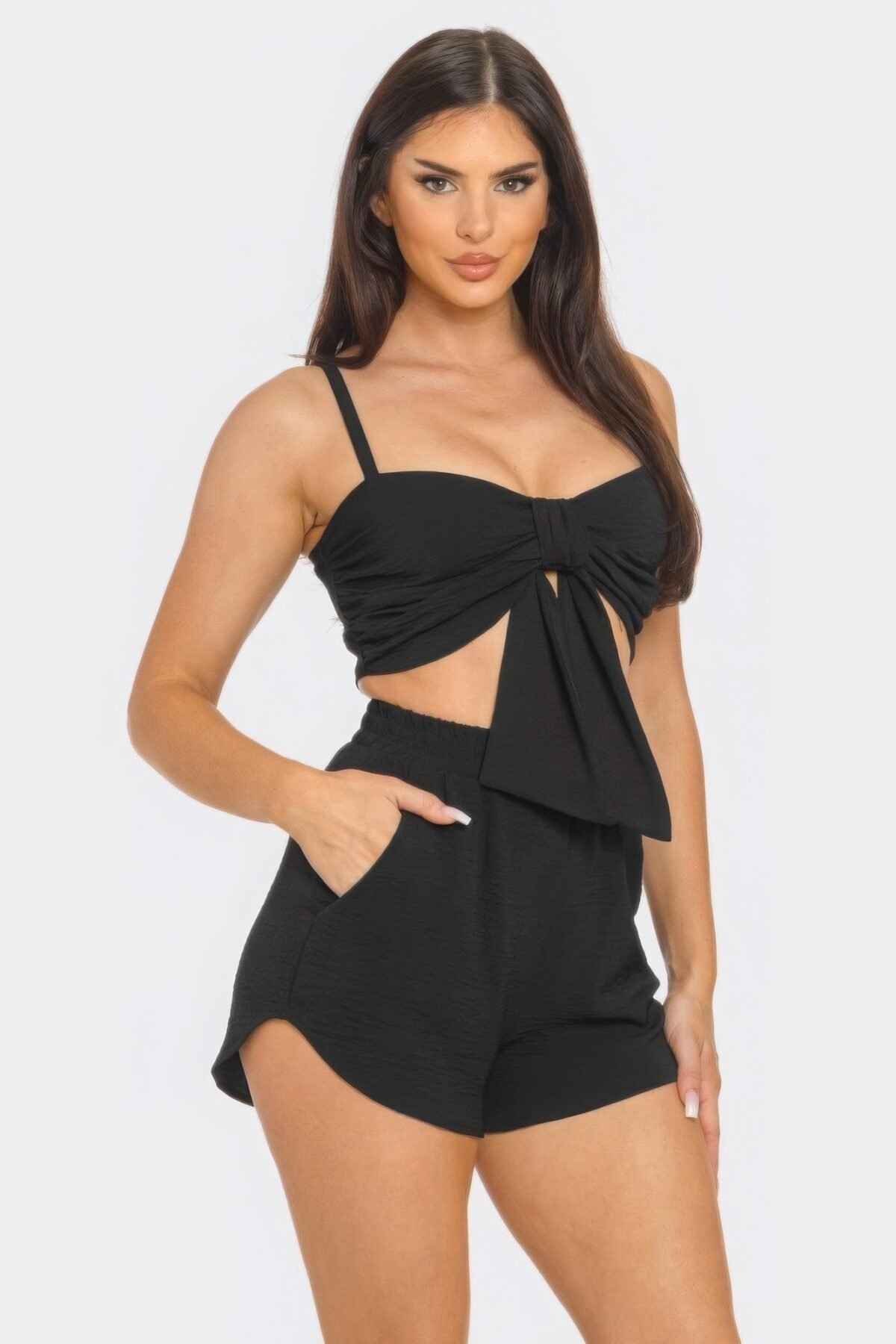 Front Oversized Bow Twisted Tie Top And Shorts Set - Image 3