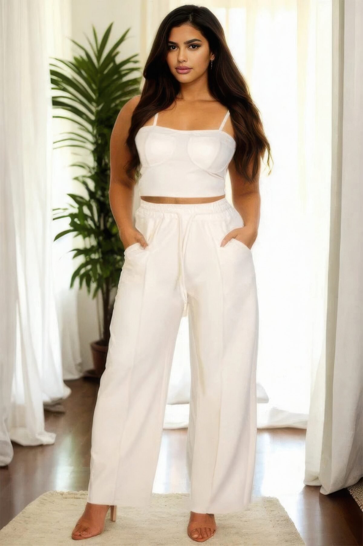 Plus Bustier Crop Cami Top & Slant Pocket Straight Pants - Image 1