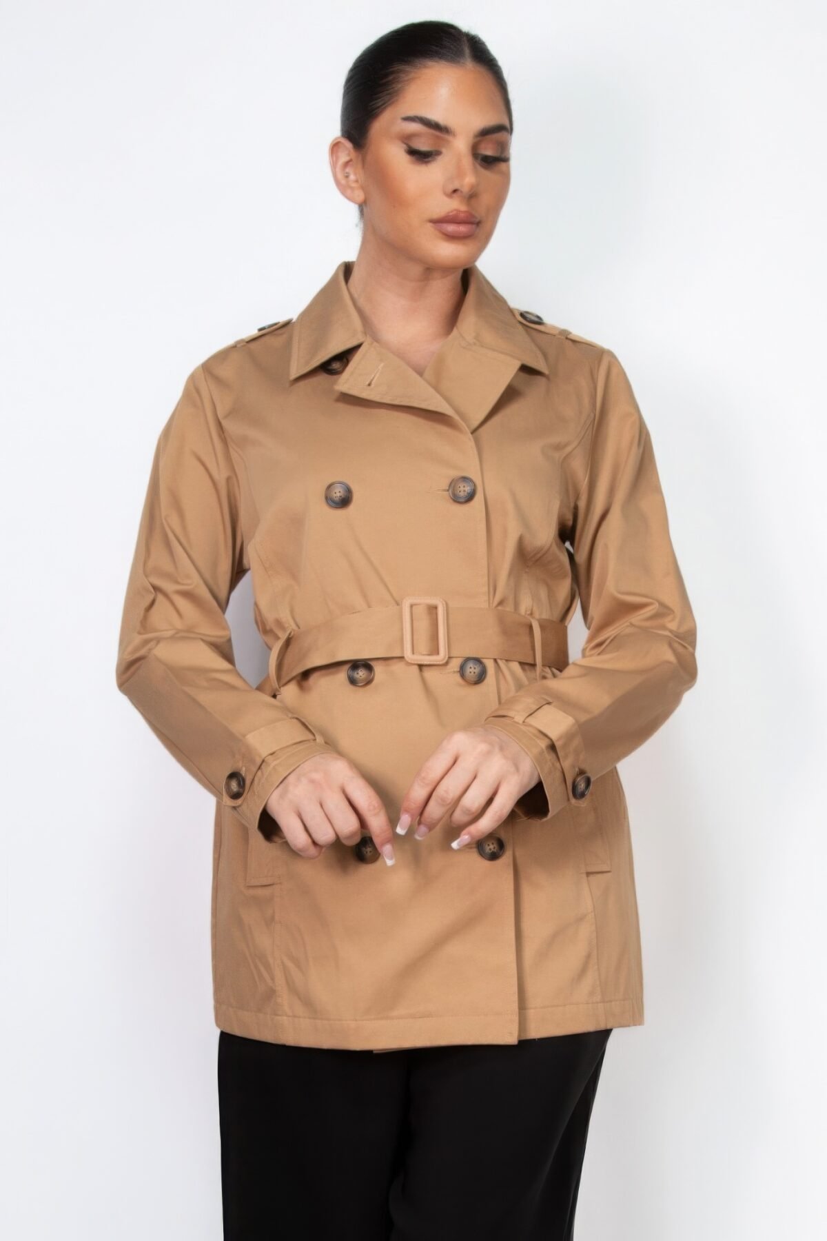 Double-breasted Notch Belted Coat - Image 1