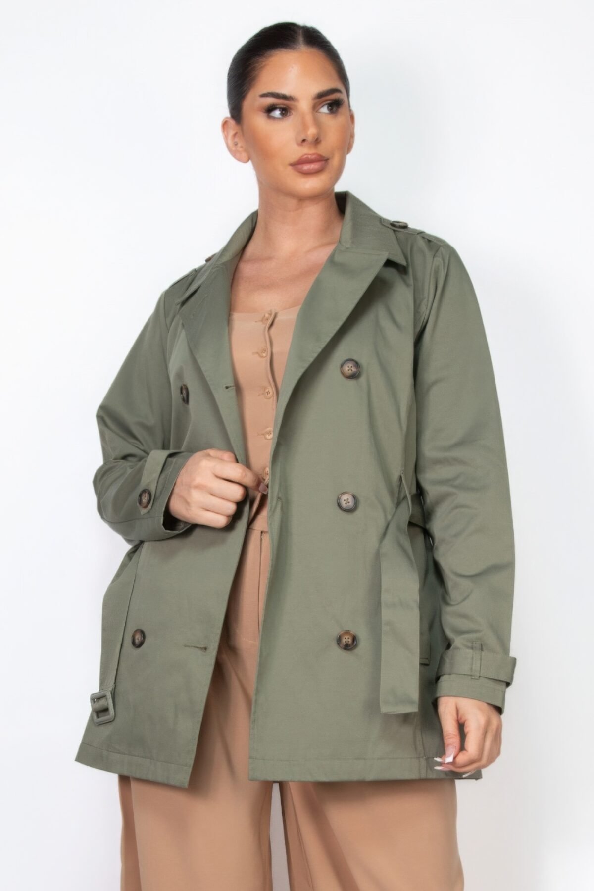 Double-breasted Notch Belted Coat - Image 1