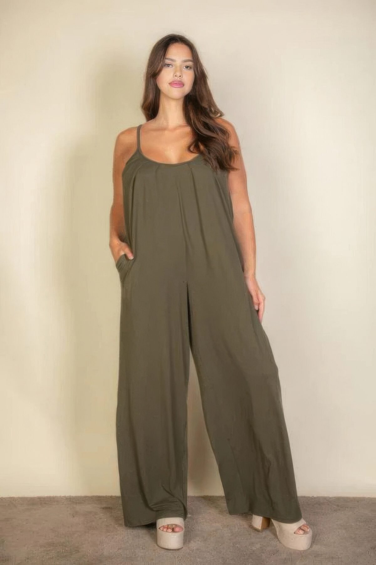 Plus spaghetti strap solid wide jumpsuit - Image 1